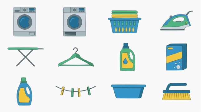 A collection of laundry icons for the concept of household chores and cleaning.
