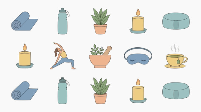 A collage of items associated with relaxation and wellness, including yoga mat, water bottle, plant, candle, cushion, herbal medicine, sleeping mask, and tea.