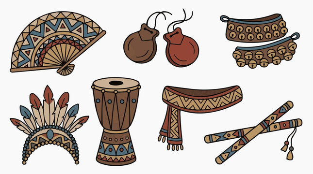A collection of cultural elements, including a headdress, drum, fan, castanets, scarf, and sticks, symbolizing cultural heritage and diversity.