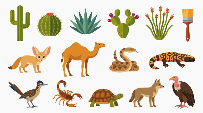 A collection of desert wildlife and plants for the concept of arid environment and ecosystem.