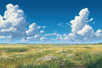 Fototapeta premium Vast serene meadow under clouds.