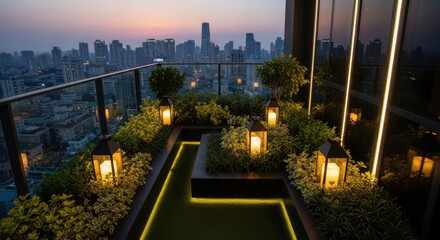 Naklejka premium Rooftop Oasis With Cityscape Views At Dusk