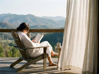 Fototapeta premium Woman in bathrobe reading a book on a balcony, peaceful mountain view with hot drink.