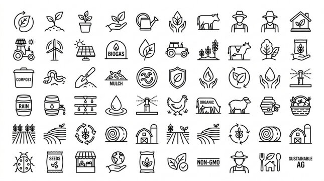 A collection of various icons depicting eco-friendly and sustainable concepts.