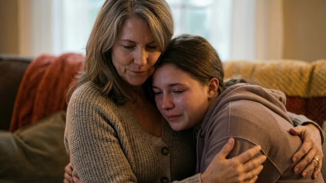 Mature woman comforting crying teenage girl on sofa. Mother embracing daughter during emotional distress. Connectioneering concept of empathetic family support.