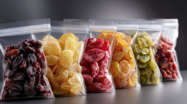 Freeze dried fruits and crunchy candy snacks packed in a row of transparent zip lock bags, presenting a range of sweet flavors and vibrant natural colors ideal for healthy eating