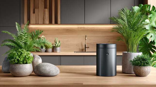 Countertop smart composter demonstrating sustainable living in a modern kitchen, integrating eco friendly technology with nature inspired decor for circular economy principles