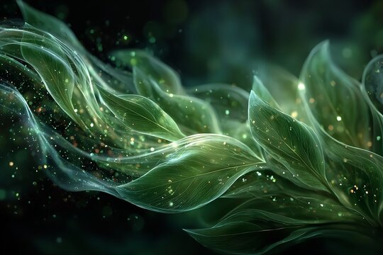 Abstract wavy green and gold organic form with light particles, abstract