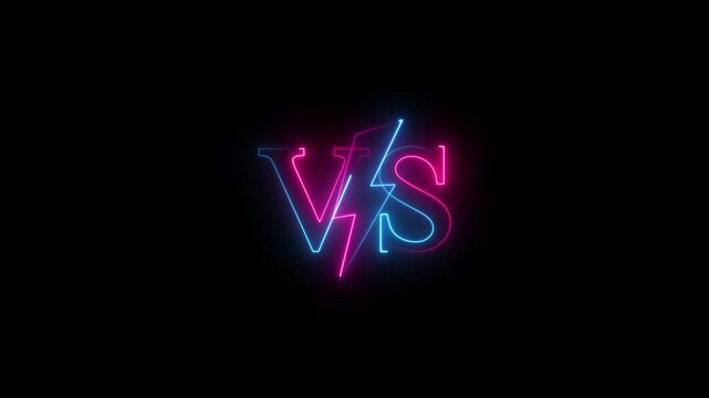 Glowing neon verses animation. Against, bumper, design, fight, football, game, intro animated VS lettering with neon effect.