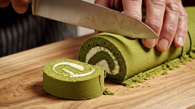Close-up of a hand slicing a green matcha swiss roll cake on a wooden cutting board