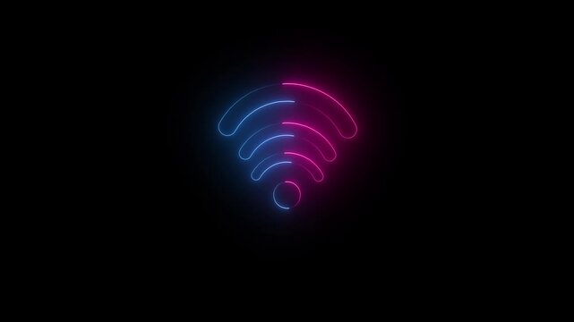 Glowing neon wifi icon animation on dark background. Neon digital wifi network icon. Animated wifi icon internet network symbol, digital connection sign.