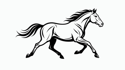 A black and white illustration of a horse running with its mane and tail flowing © Jagoan