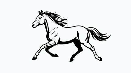 A black and white illustration of a running horse with a flowing mane © Jagoan