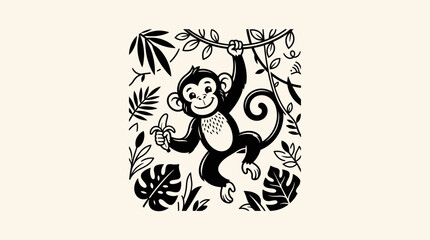 A monkey hanging from a branch surrounded by leaves and plants in a forest © Jagoan