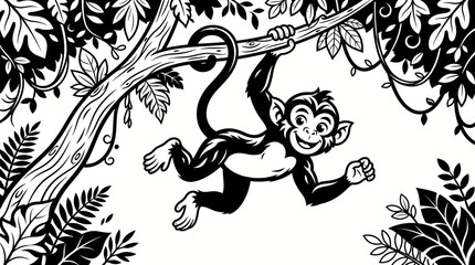 A monkey hangs from a tree branch in a lush forest surrounded by foliage. © Jagoan