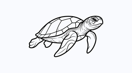 A turtle swims through ocean water with a sea plant nearby. © Jagoan
