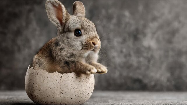 Small brown bunny sitting inside a speckled egg shell. Baby rabbit emerging from broken shell. Easter holiday animal character for seasonal spring decoration.
