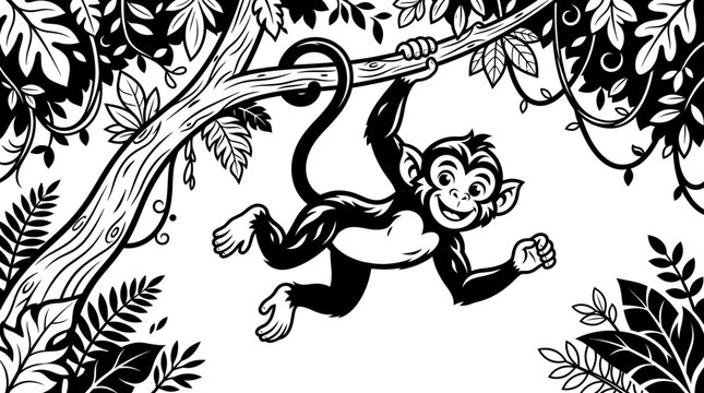 A monkey hangs from a tree branch in a lush forest surrounded by foliage.