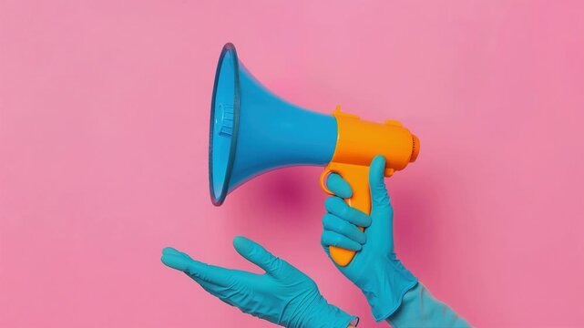 Woman in blue glove holding loudspeaker against pink background. Hand communicating message with megaphone. Concept of announcement, promotion and public speech.