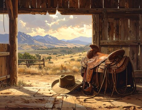 A rustic barn interior frames a scenic view of a vast, golden grassland with distant mountains under a cloudy, warm sky