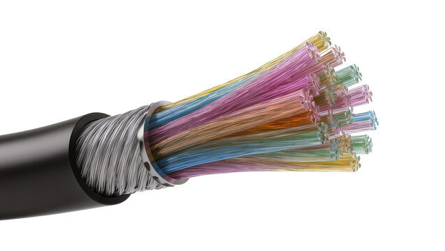Isolated fiber optic cable with colorful data strands, digital communication technology