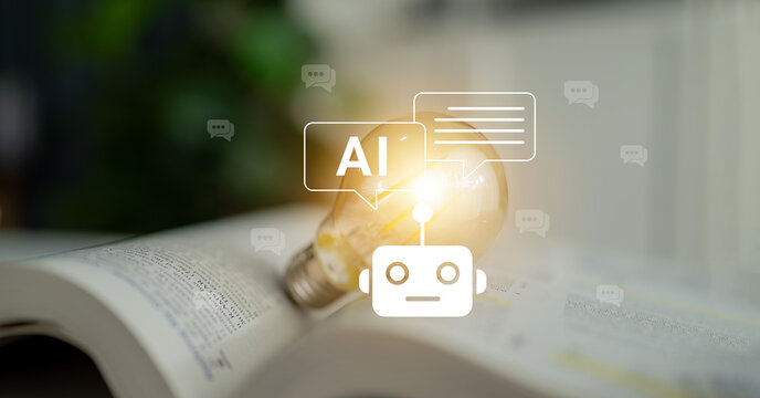 Light bulb with AI chatbot concept, symbolizing innovation in technology, creativity, and communication through artificial intelligence and modern interactions.. Glyphic.