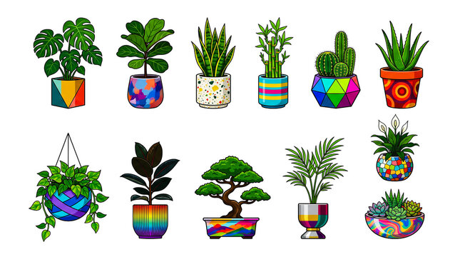 Technicolor Potted Houseplant Icon Collection with Colorful Vibrant Abstract Pattern Ceramic Pots on Transparent Background PNG