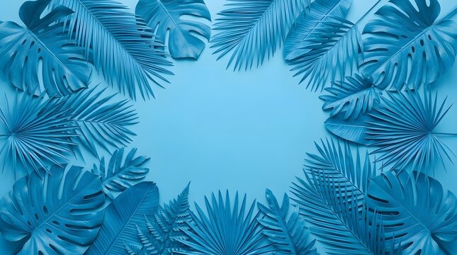 Arranging Tropical Palm Leaves on a Blue Background with Minimalist Style