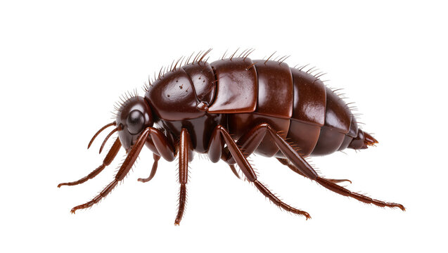 Isolated brown insect with segmented body and prominent spikes, showing details of legs and head