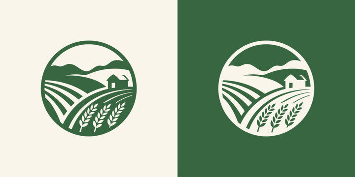A circular farm vector logo design with a modern, simple, clean, and abstract style. Logos for business, agriculture, and personal branding.