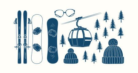 Winter sports equipment icons with skis, snowboards, goggles, gondola, and trees vector bundle. © Riyad29