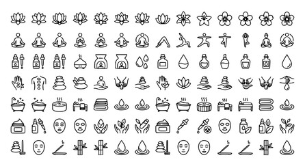 Lotus Spa Wellness Icon Collection Thin Line Editable Stroke Meditation Beauty Relaxation Floral Zen Vector Set on White Background © MDSHAHIN