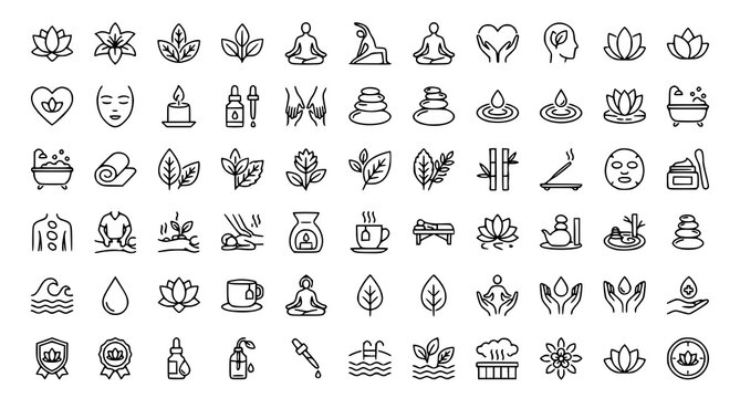 Spa Lotus Flower Outline Icon Pack Editable Stroke Wellness Beauty Meditation Relaxation Zen Floral Vector Illustration on White Background