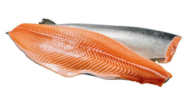 Isolated fresh raw salmon fish fillet and whole piece, healthy delicious seafood meal ingredient