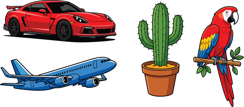 Modern Flat Vector Illustration Element Set Featuring Red Luxury Sports Car Blue Passenger Airplane Saguaro Cactus Pot and Scarlet Macaw Parrot Designs