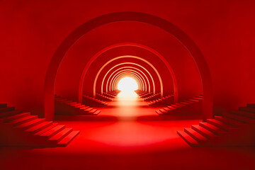 Naklejka premium A symmetrical 3D rendered red tunnel with flanking stairs, leading to a bright glowing light at its far end, creating a sense of depth and direction.