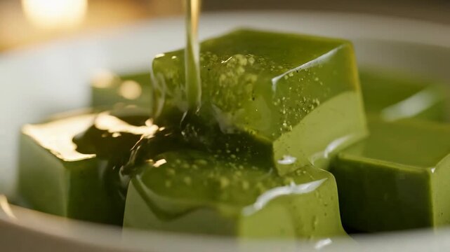 Close-up of green matcha panna cotta cubes being drizzled with sweet sauce