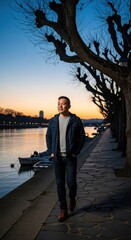 Fototapeta premium Adult man walks along a waterfront promenade bordered by bare trees during twilight