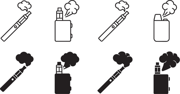Minimal Vape Smoking Icon Set - Electronic Cigarette Vapor Line and Glyph Vector Collection