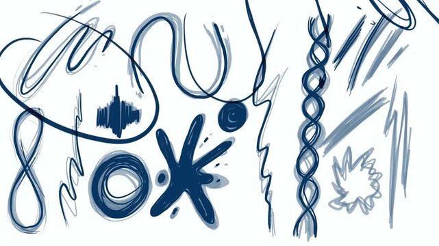Hand drawing ink blots and rough blue pen lines on a white background. Stock animation with school sketches and hatching texture in Full HD.