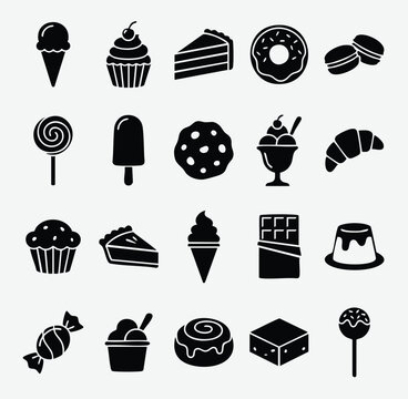 Dessert and sweets icons set with ice cream confectionery chocolate croissant lollipop delicious silhouette isolated illustration refreshment indulgence desserts confections