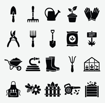Gardening equipment and outdoor cultivation icons with gardening outdoors cultivation landscape greenhouse watering wheelbarrow agriculture backyard gardener maintenance landscaping