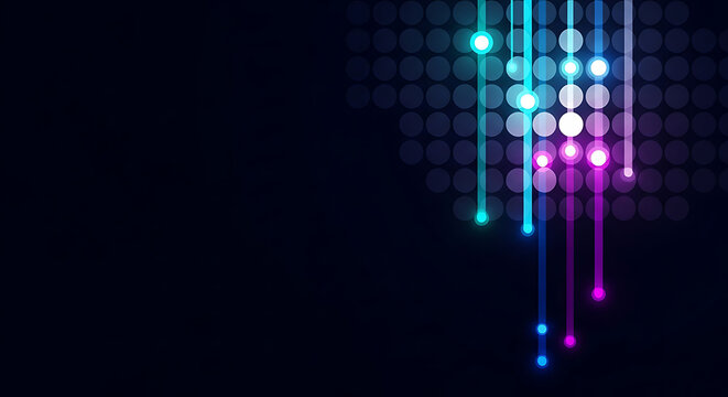 Technology concept with glowing vertical light streaks and circular grid nodes on dark background technology abstract background connection information futuristic communication electronic