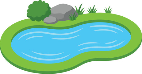 Cartoon Garden Pond Vector Illustration Featuring Blue Water Lake on Green Grass Lawn with Rocks and Bush Plants Isolated on White Background © Bijoy
