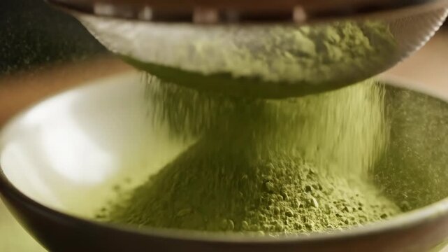 Close-up of green matcha powder being sifted through a sieve with a wooden scoop