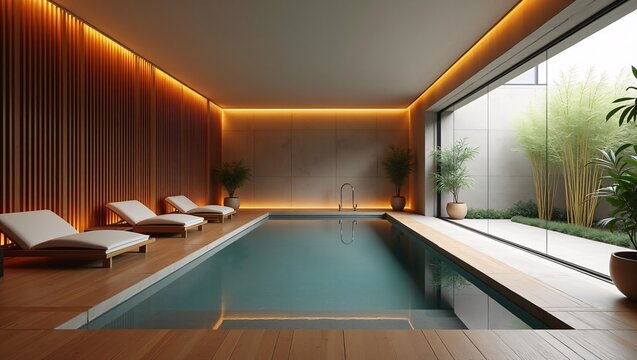 Luxury indoor pool with wooden lounge chairs and glass garden windows