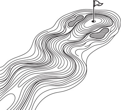 Topographic map style illustration of golf course fairway leading to green with flag and sand bunkers depicted in black line art contour.