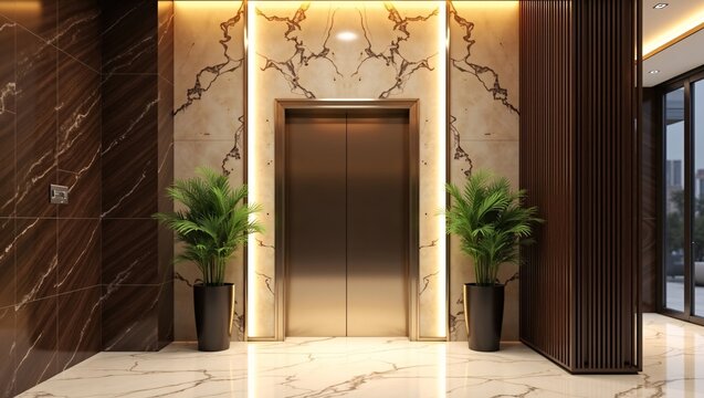 Luxury elevator lobby with marble walls, wood panels and symmetric palm plants