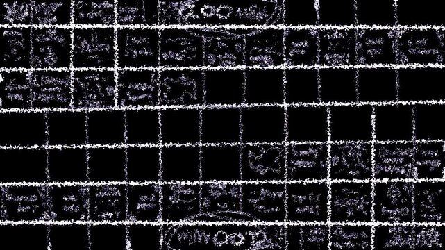 Animation of chalk writing on a black classroom board. White unreadable drafts in Full HD. Concept of planning and organizing.