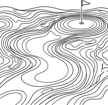 Abstract topographical contour line drawing of golf course layout with putting green flag and bunkers in stylish black ink artistic design.